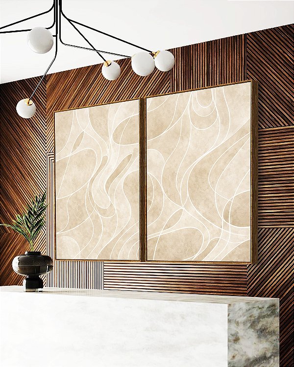 Duo de Quadros Abstrato Marfim Areia Creme Contornos Canvas Moldura