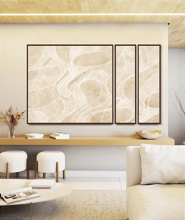 Trio de Quadros Estilizados Abstrato Marfim Areia Creme Contornos Canvas Moldura
