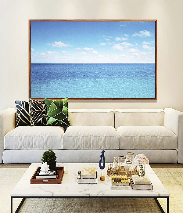 Quadro Horizontal Mar Calmo Azul Céu Claro Nuvens Natureza Canvas Moldura