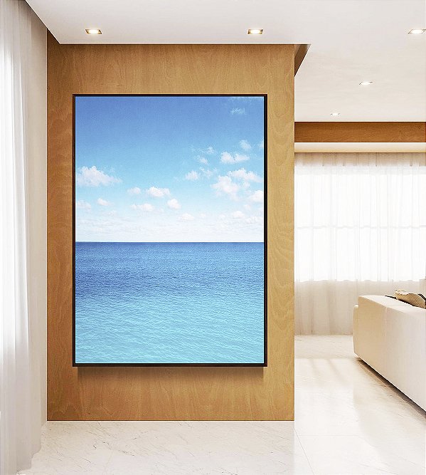 Quadro Vertical Mar Calmo Azul Céu Claro Nuvens Natureza Canvas Moldura