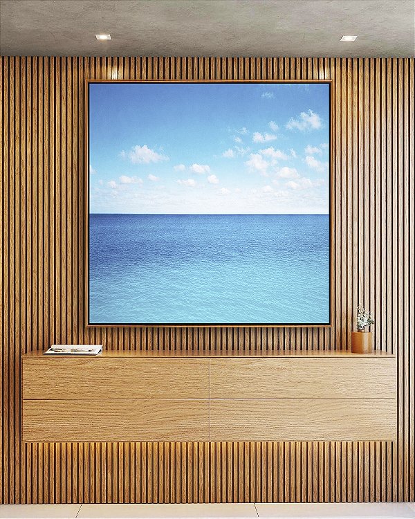 Quadro Quadrado Mar Calmo Azul Céu Claro Nuvens Natureza Canvas Moldura