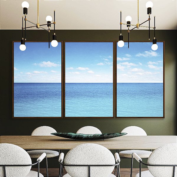 Trio de Quadros Mar Calmo Azul Céu Claro Nuvens Natureza Canvas Moldura
