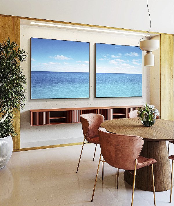 Duo de Quadros Quadrados Mar Calmo Azul Céu Claro Nuvens Natureza Canvas Moldura