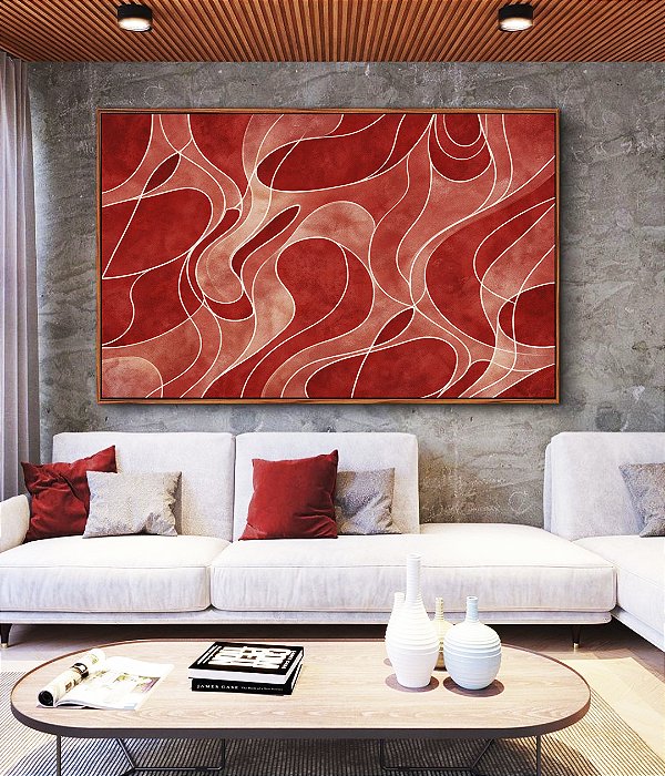 Quadro Horizontal Abstrato Vermelho Tijolo Salmão Contornos Canvas Moldura