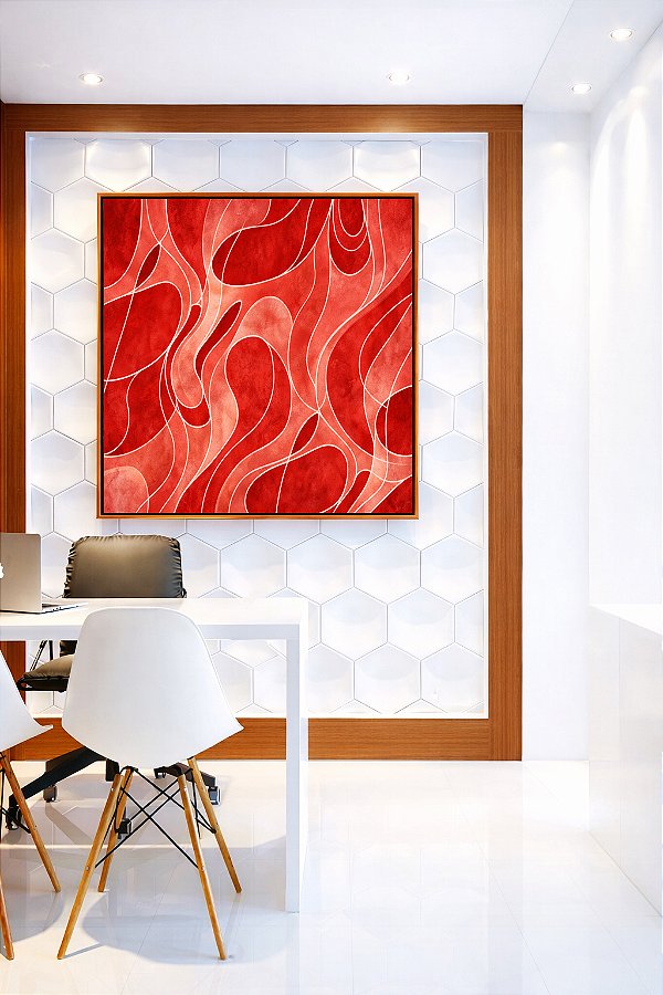 Quadro Quadrado Abstrato Vermelho Tijolo Salmão Contornos Canvas Moldura