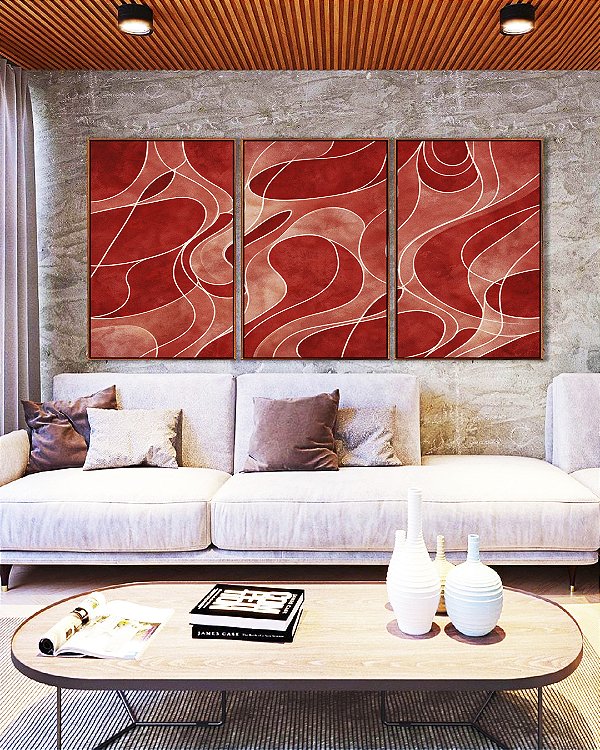 Trio de Quadros Abstrato Vermelho Tijolo Salmão Contornos Canvas Moldura