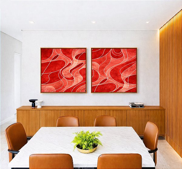 Duo de Quadros Quadrados Abstrato Vermelho Tijolo Salmão Contornos Canvas Moldura