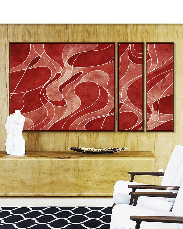 Trio de Quadros Estilizados Abstrato Vermelho Tijolo Salmão Contornos Canvas Moldura