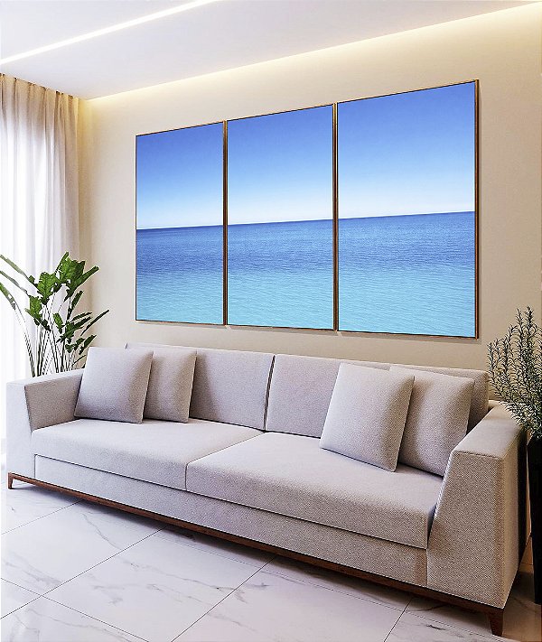 Trio de Quadros Mar Azul Calmo Céu Claro Limpo Natureza Canvas Moldura
