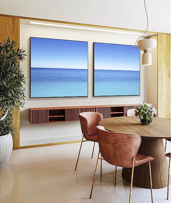 Duo de Quadros Quadrados Mar Azul Calmo Céu Claro Limpo Natureza Canvas Moldura