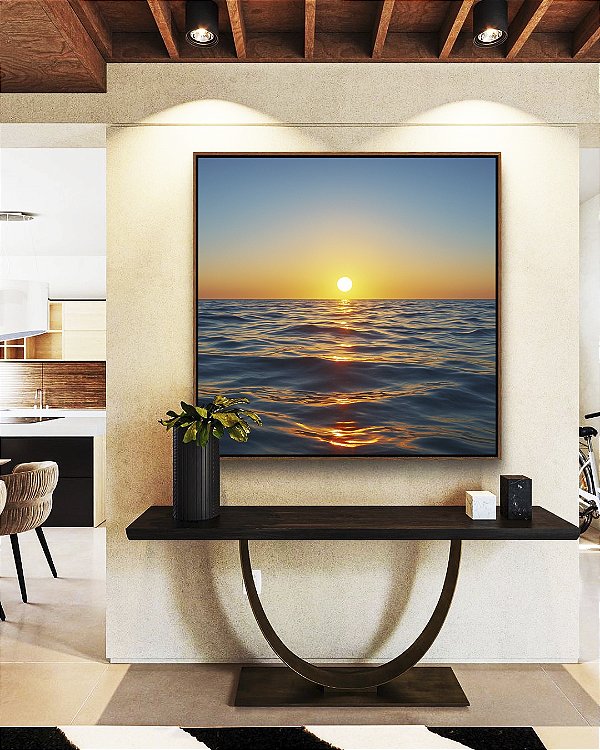 Quadro Quadrado Pôr do Sol em Mar Calmo Azul Natureza Canvas Moldura