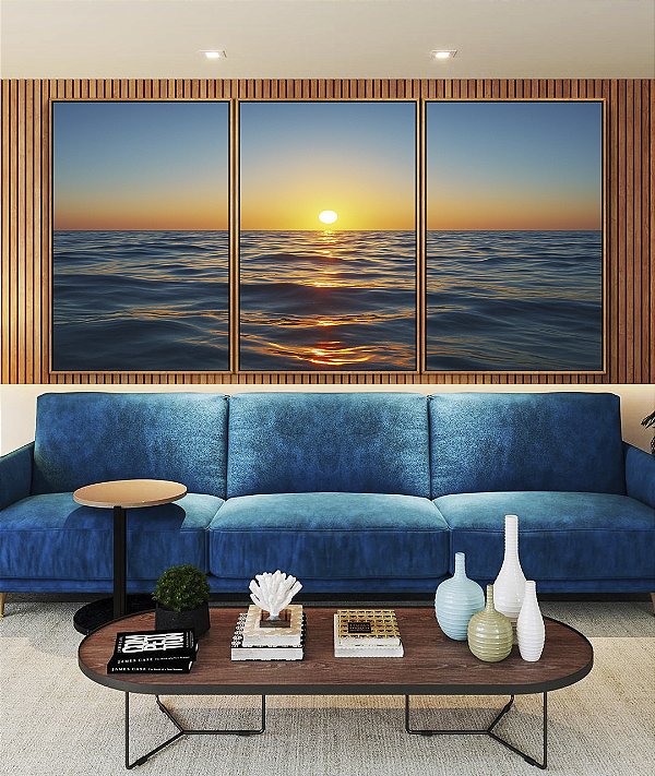 Trio de Quadros Pôr do Sol em Mar Calmo Azul Natureza Canvas Moldura