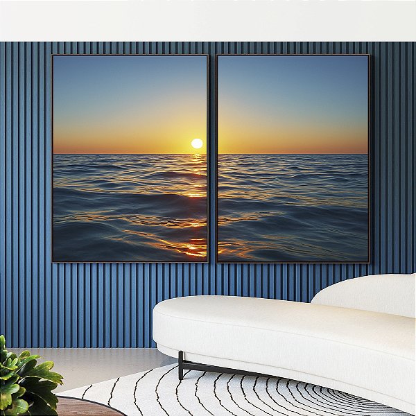 Duo de Quadros Pôr do Sol em Mar Calmo Azul Natureza Canvas Moldura