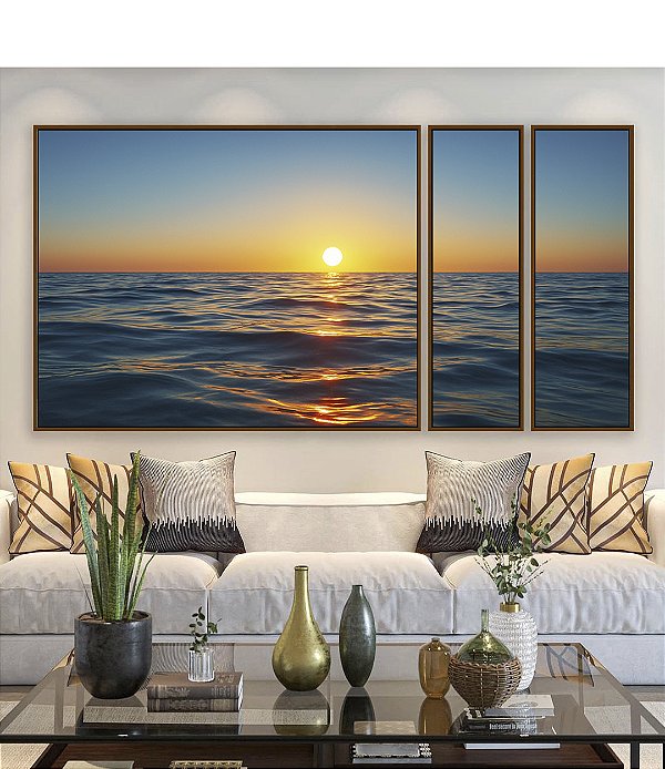 Trio de Quadros Estilizados Pôr do Sol em Mar Calmo Azul Natureza Canvas Moldura
