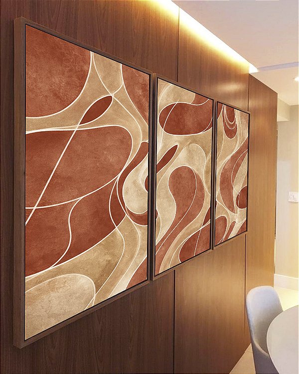 Trio de Quadros Abstrato Coral Marfim Contornos Canvas Moldura