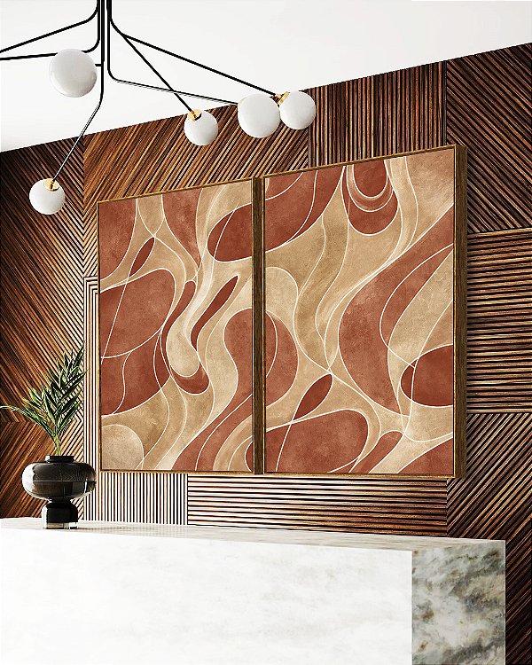 Duo de Quadros Abstrato Coral Marfim Contornos Canvas Moldura