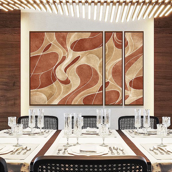 Trio de Quadros Estilizados Abstrato Coral Marfim Contornos Canvas Moldura