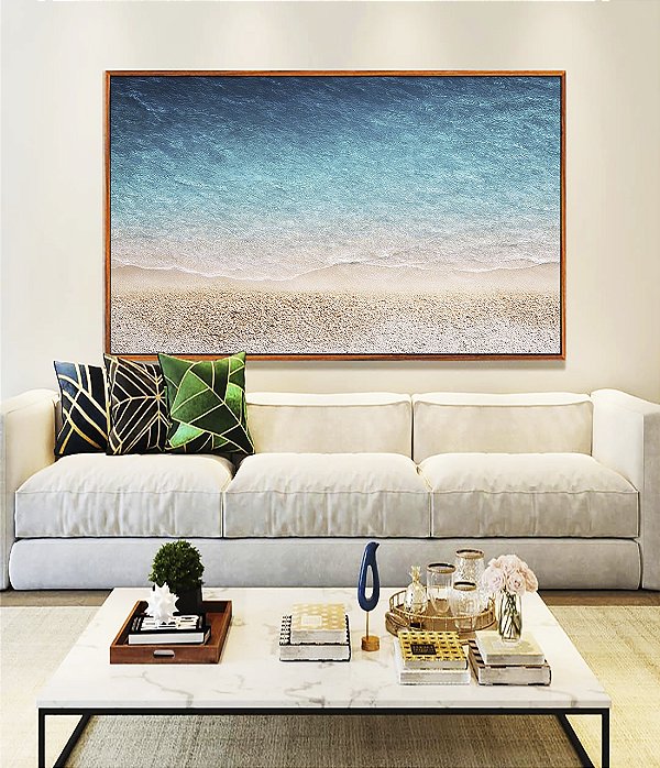 Quadro Horizontal Praia Areia Branca Mar Azul Translúcido Canvas Moldura