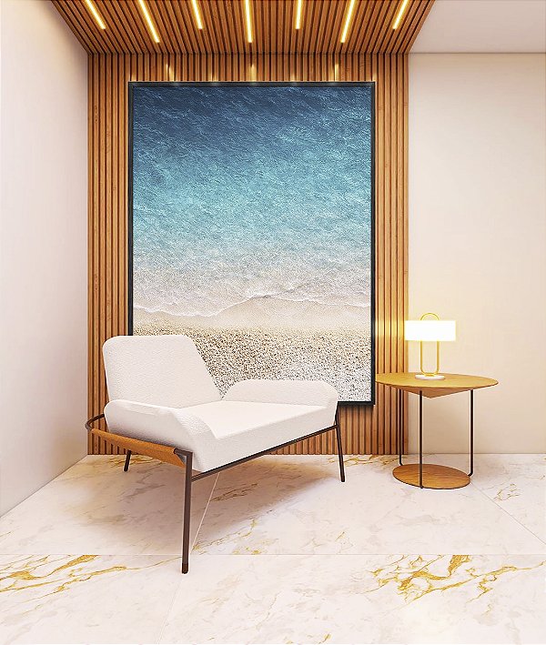 Quadro Vertical Praia Areia Branca Mar Azul Translúcido Canvas Moldura