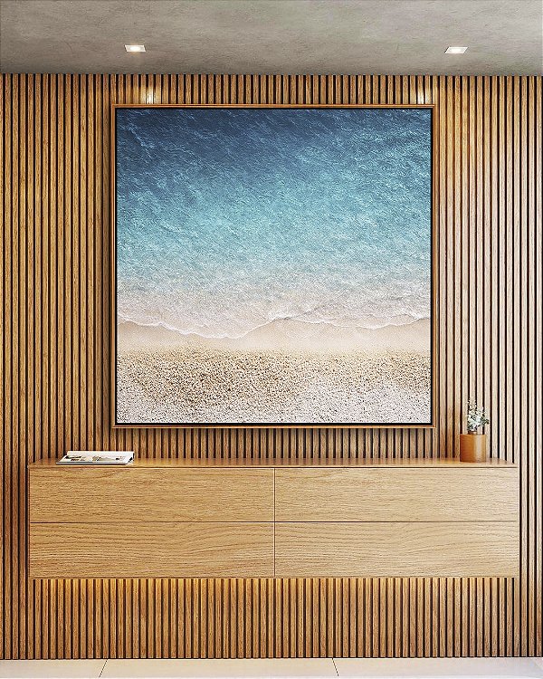 Quadro Quadrado Praia Areia Branca Mar Azul Translúcido Canvas Moldura