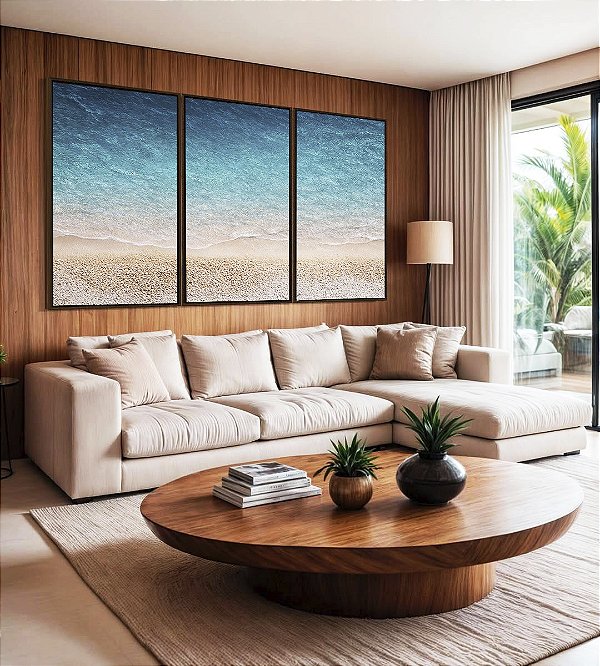 Trio de Quadros Praia Areia Branca Mar Azul Translúcido Canvas Moldura