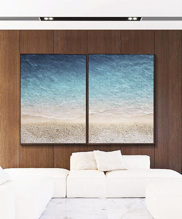 Duo de Quadros Praia Areia Branca Mar Azul Translúcido Canvas Moldura