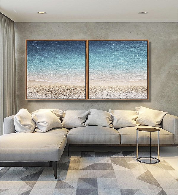 Duo de Quadros Quadrados Praia Areia Branca Mar Azul Translúcido Canvas Moldura