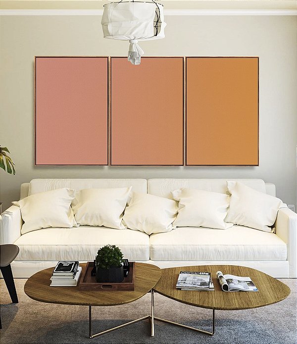 Trio de Quadros Abstrato Degradê Rosa Salmão Bronze Canvas Moldura