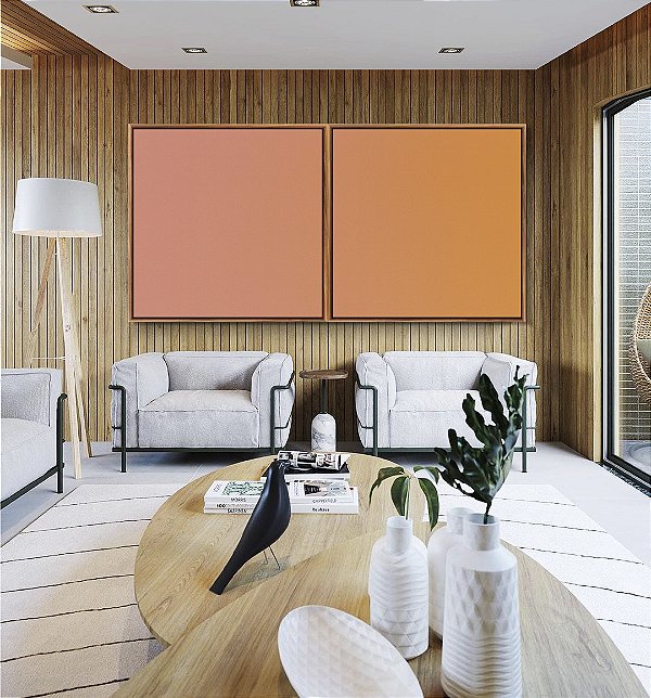 Duo de Quadros Quadrados Abstrato Degradê Rosa Salmão Bronze Canvas Moldura