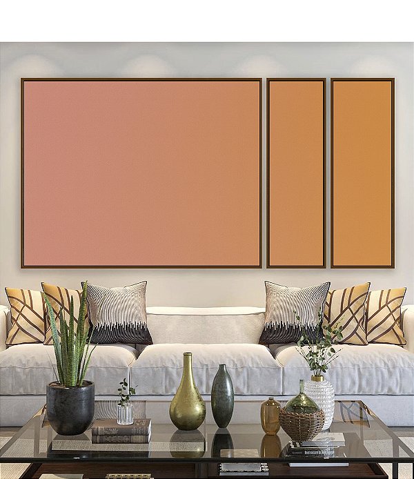 Trio de Quadros Estilizados Abstrato Degradê Rosa Salmão Bronze Canvas Moldura