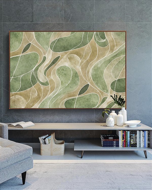 Quadro Horizontal Abstrato Verde Oliva Marfim Contornos Canvas Moldura
