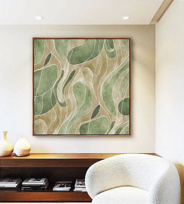Quadro Quadrado Abstrato Verde Oliva Marfim Contornos Canvas Moldura