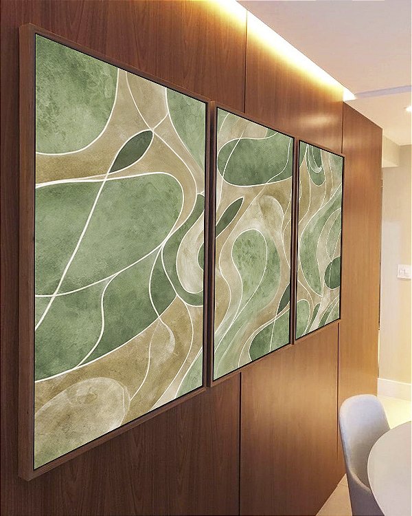Trio de Quadros Abstrato Verde Oliva Marfim Contornos Canvas Moldura