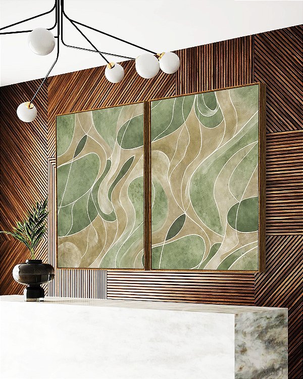 Duo de Quadros Abstrato Verde Oliva Marfim Contornos Canvas Moldura