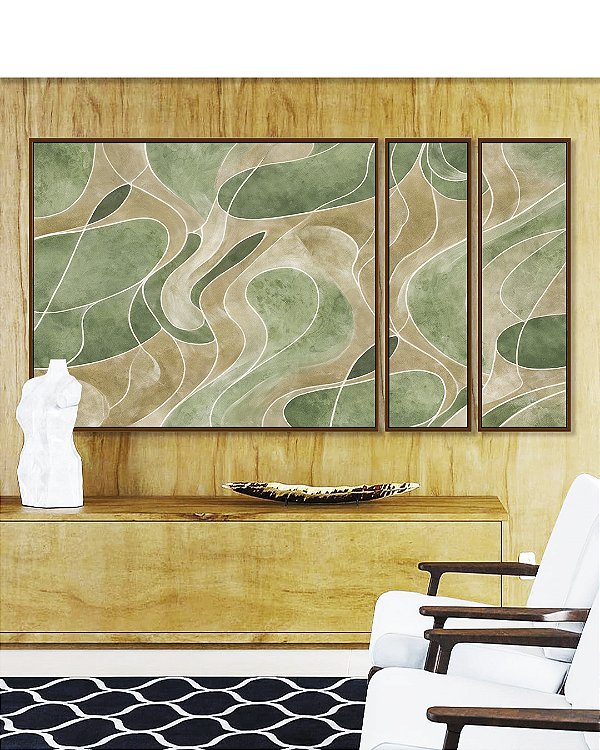 Trio de Quadros Estilizados Abstrato Verde Oliva Marfim Contornos Canvas Moldura