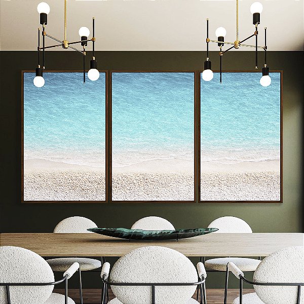Trio de Quadros Praia Areia Branca Mar Azul Turquesa Paraíso Canvas Moldura
