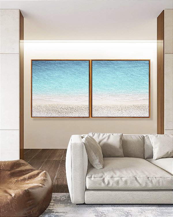 Duo de Quadros Quadrados Praia Areia Branca Mar Azul Turquesa Paraíso Canvas Moldura