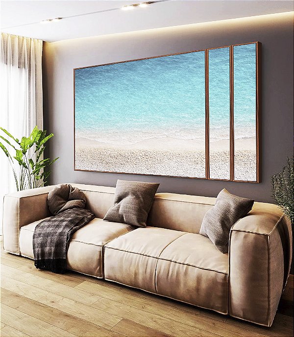 Trio de Quadros Estilizados Praia Areia Branca Mar Azul Turquesa Paraíso Canvas Moldura