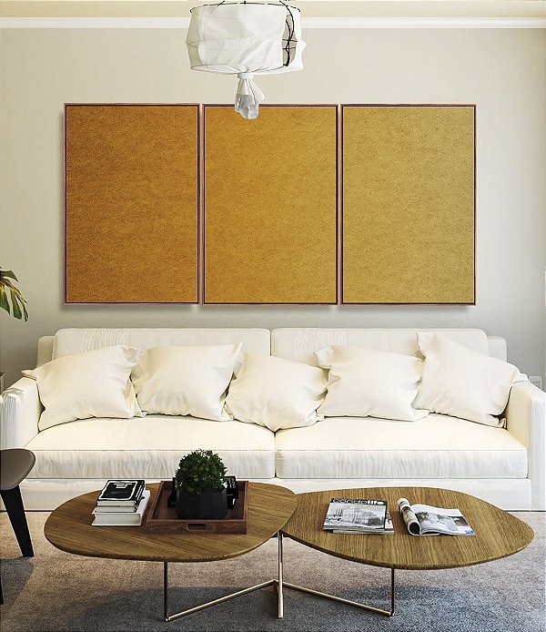 Trio de Quadros Abstrato Degradê Mostarda Amarelo Ouro Canvas Moldura