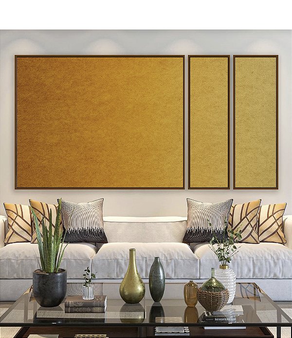 Trio de Quadros Estilizados Abstrato Degradê Mostarda Amarelo Ouro Canvas Moldura