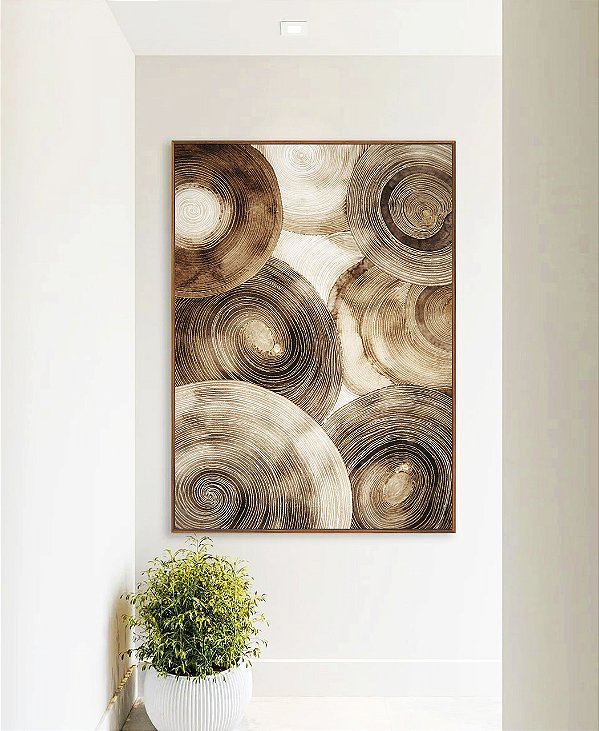 Quadro Vertical Abstrato Círculos Marrom Bege Canvas Moldura