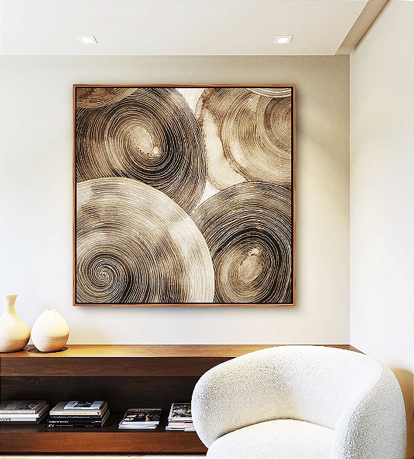 Quadro Quadrado Abstrato Círculos Marrom Bege Canvas Moldura