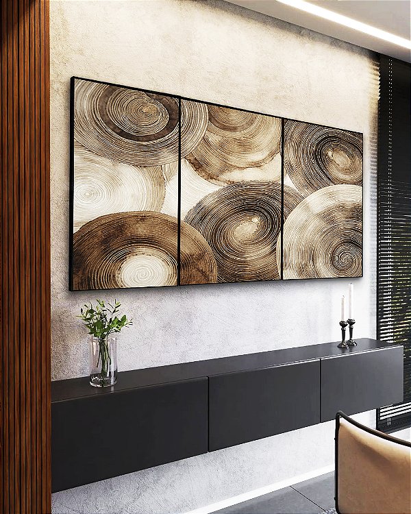 Trio de Quadros Abstrato Círculos Marrom Bege Canvas Moldura