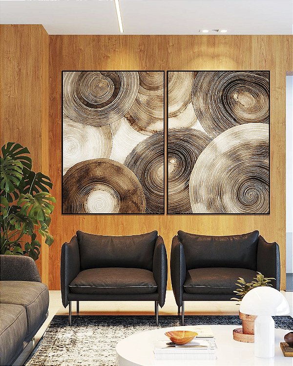 Duo de Quadros Abstrato Círculos Marrom Bege Canvas Moldura