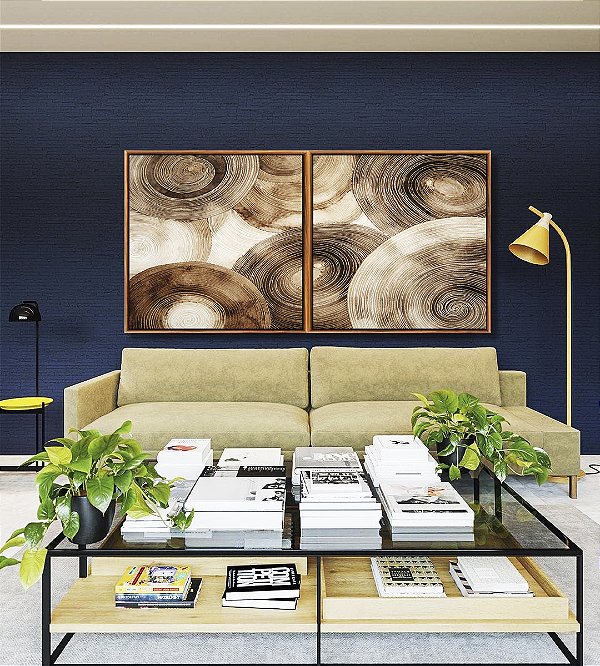 Duo de Quadros Quadrados Abstrato Círculos Marrom Bege Canvas Moldura