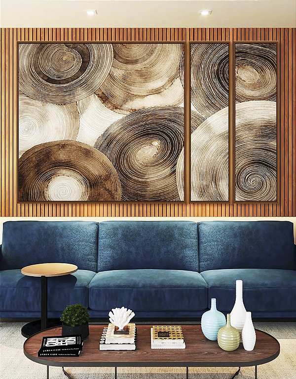Trio de Quadros Estilizados Abstrato Círculos Marrom Bege Canvas Moldura