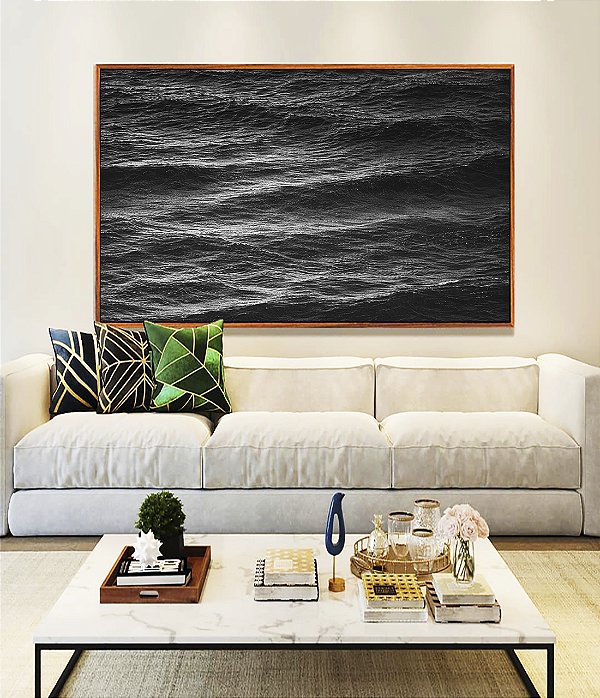 Quadro Horizontal Mar Alto Ondulado Preto e Branco Natureza Canvas Moldura