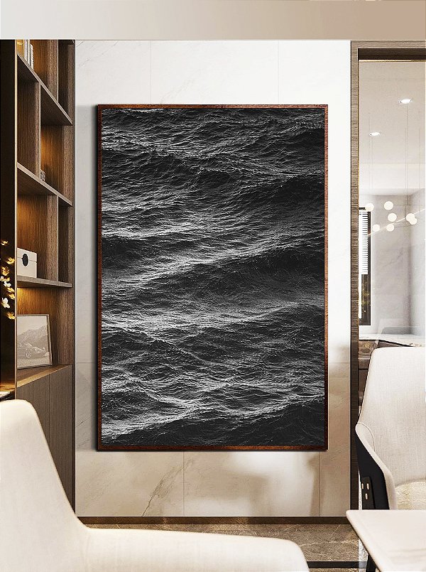 Quadro Vertical Mar Alto Ondulado Preto e Branco Natureza Canvas Moldura