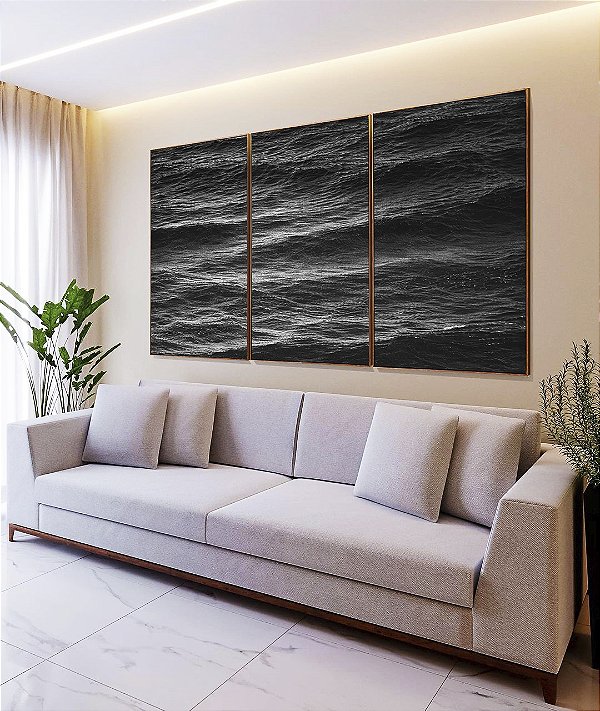 Trio de Quadros Mar Alto Ondulado Preto e Branco Natureza Canvas Moldura