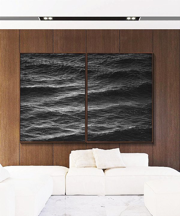 Duo de Quadros Mar Alto Ondulado Preto e Branco Natureza Canvas Moldura